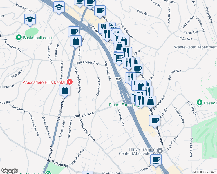 map of restaurants, bars, coffee shops, grocery stores, and more near 6900 Marchant Avenue in Atascadero