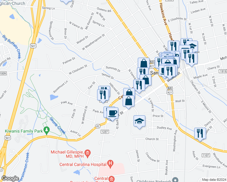 map of restaurants, bars, coffee shops, grocery stores, and more near 115 Hillcrest Drive in Sanford
