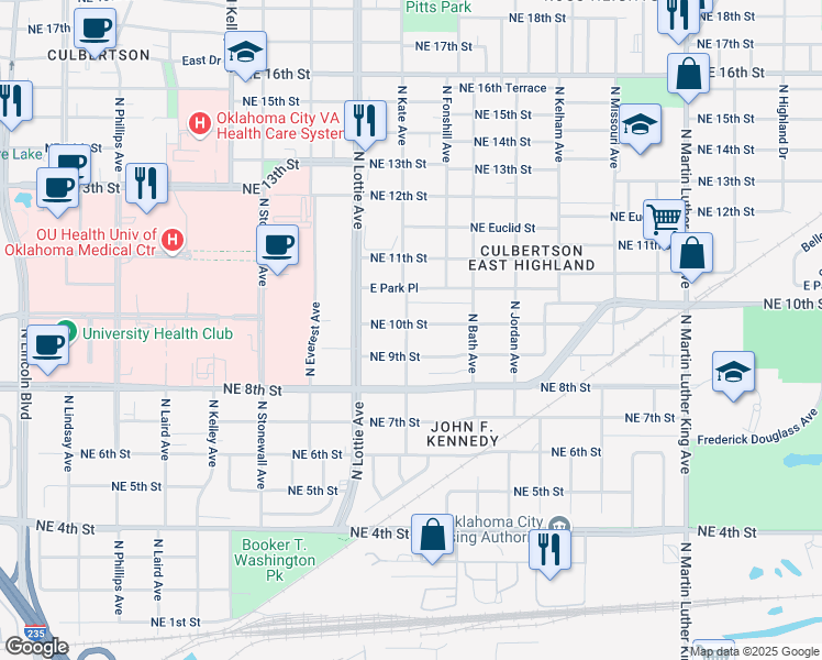map of restaurants, bars, coffee shops, grocery stores, and more near 1327 Northeast 10th Street in Oklahoma City