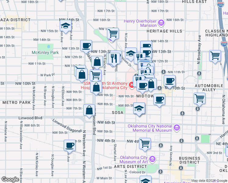 map of restaurants, bars, coffee shops, grocery stores, and more near 1016 North Shartel Avenue in Oklahoma City