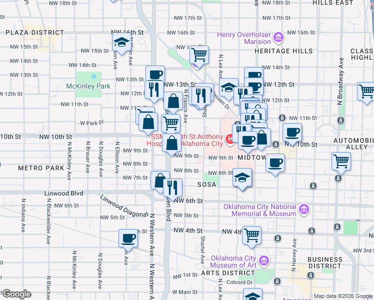 map of restaurants, bars, coffee shops, grocery stores, and more near 1014 North Francis Avenue in Oklahoma City