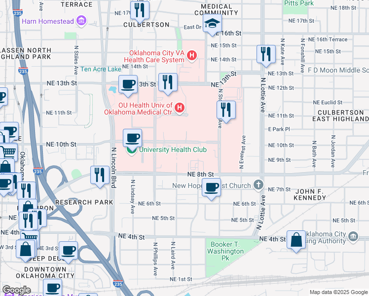 map of restaurants, bars, coffee shops, grocery stores, and more near 900 Northeast 10th Street in Oklahoma City