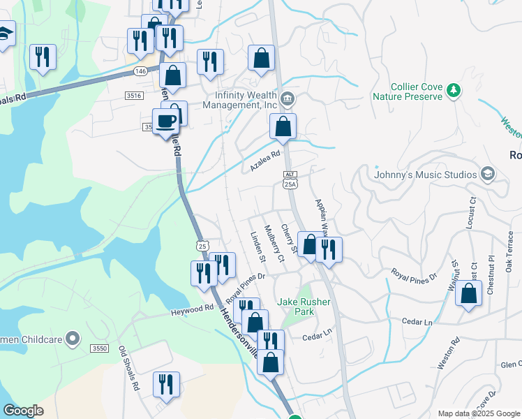 map of restaurants, bars, coffee shops, grocery stores, and more near 135 Birch Lane in Arden