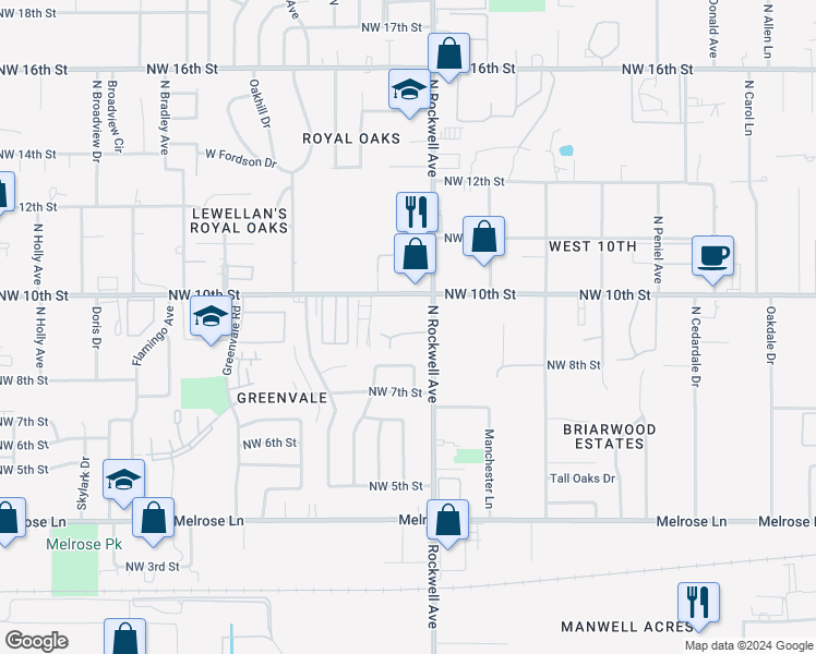 map of restaurants, bars, coffee shops, grocery stores, and more near 933 North Rockwell Avenue in Oklahoma City