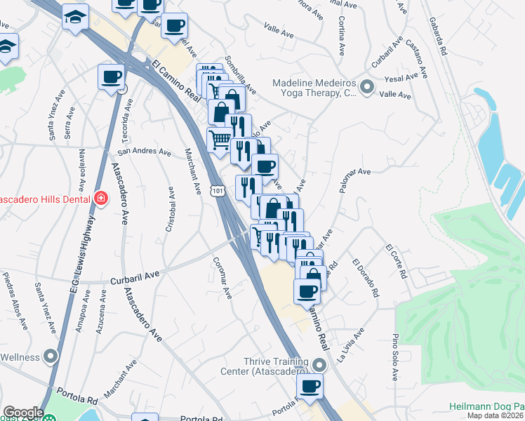 map of restaurants, bars, coffee shops, grocery stores, and more near 7930 El Camino Real in Atascadero