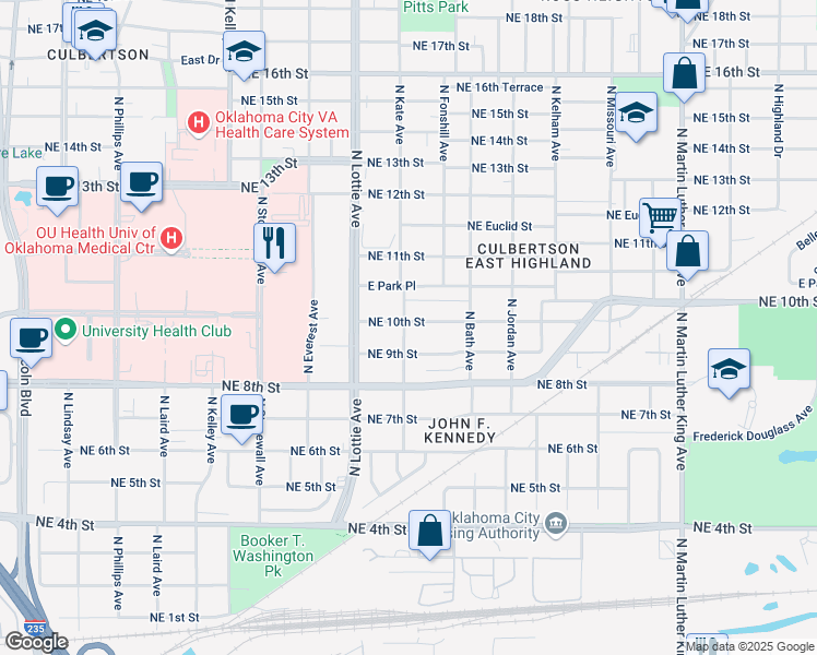 map of restaurants, bars, coffee shops, grocery stores, and more near 1327 Northeast 10th Street in Oklahoma City