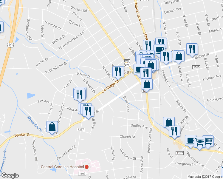map of restaurants, bars, coffee shops, grocery stores, and more near 509 Carthage Street in Sanford