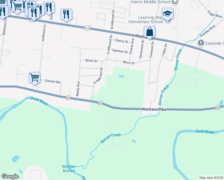 map of restaurants, bars, coffee shops, grocery stores, and more near 1725 Wartrace Pike in Shelbyville