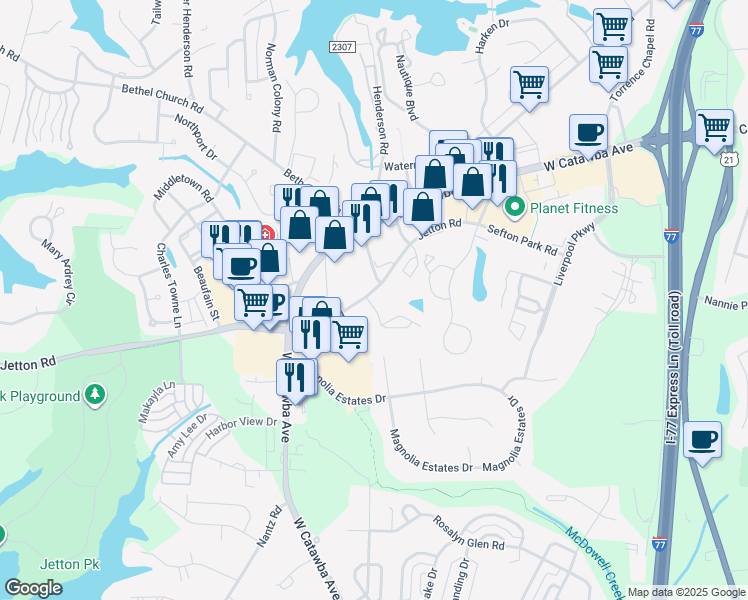 map of restaurants, bars, coffee shops, grocery stores, and more near in Cornelius