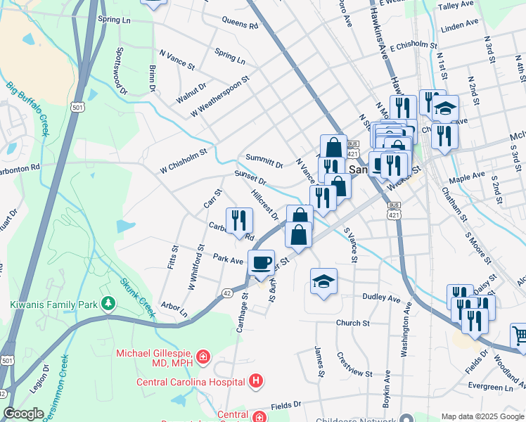 map of restaurants, bars, coffee shops, grocery stores, and more near 115 Hillcrest Drive in Sanford