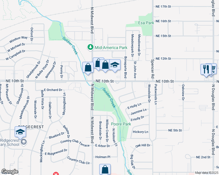 map of restaurants, bars, coffee shops, grocery stores, and more near 4013 Crabtree Cove in Midwest City