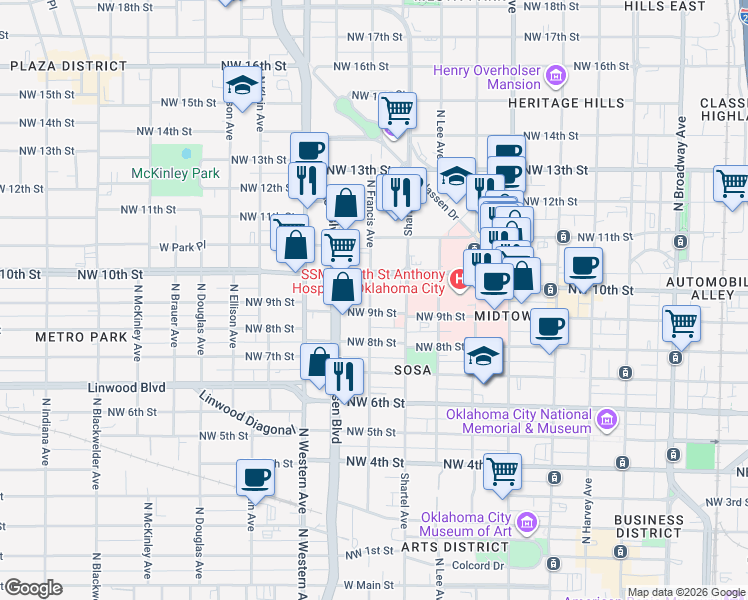 map of restaurants, bars, coffee shops, grocery stores, and more near 1014 North Francis Avenue in Oklahoma City