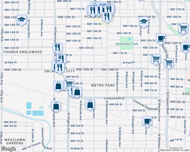 map of restaurants, bars, coffee shops, grocery stores, and more near in Oklahoma City