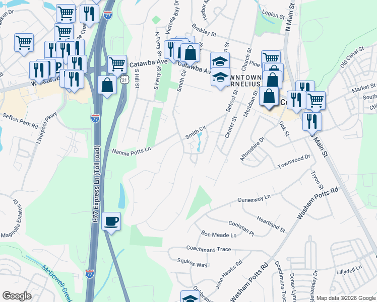 map of restaurants, bars, coffee shops, grocery stores, and more near in Cornelius