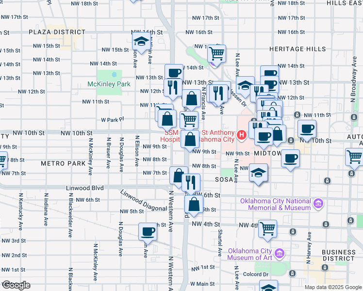 map of restaurants, bars, coffee shops, grocery stores, and more near 1020 North Classen Boulevard in Oklahoma City
