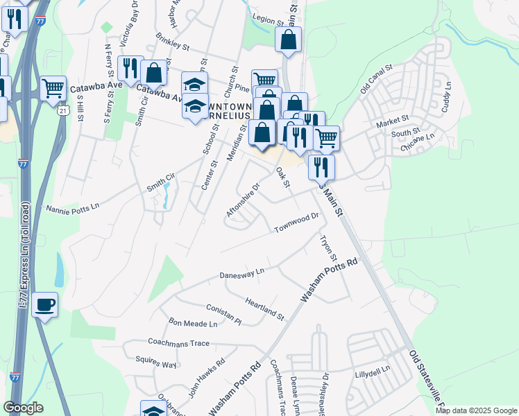 map of restaurants, bars, coffee shops, grocery stores, and more near 19612 Feriba Place in Cornelius