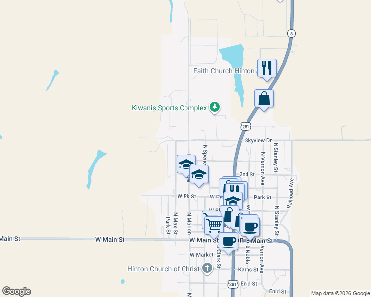 map of restaurants, bars, coffee shops, grocery stores, and more near 726 Marion Avenue in Hinton