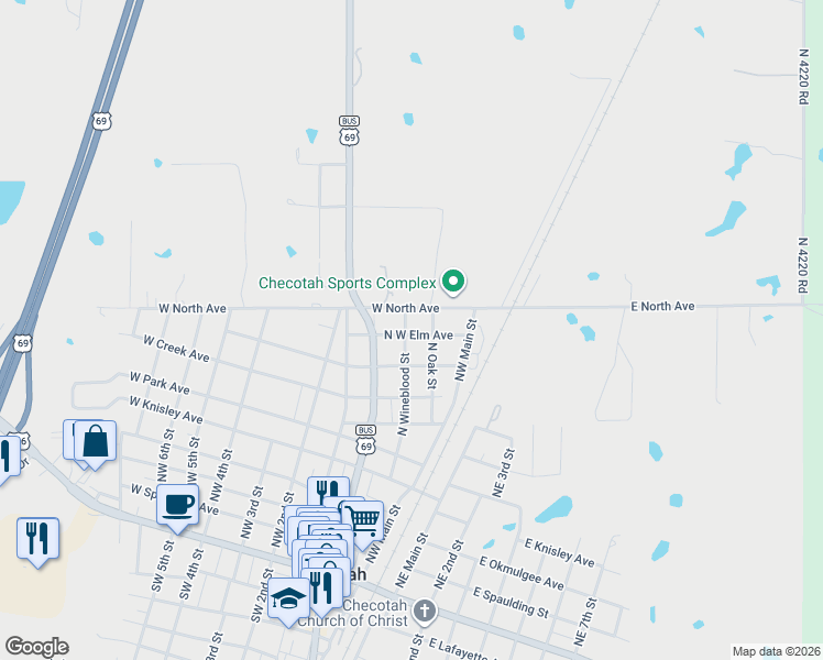 map of restaurants, bars, coffee shops, grocery stores, and more near 725 North Wineblood Street in Checotah