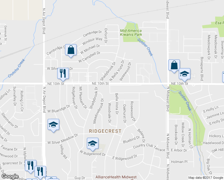 map of restaurants, bars, coffee shops, grocery stores, and more near 3718 Bella Vista Drive in Midwest City