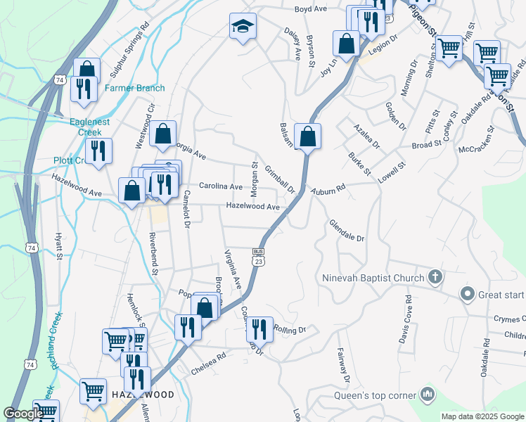 map of restaurants, bars, coffee shops, grocery stores, and more near 95 Hazelwood Avenue in Waynesville