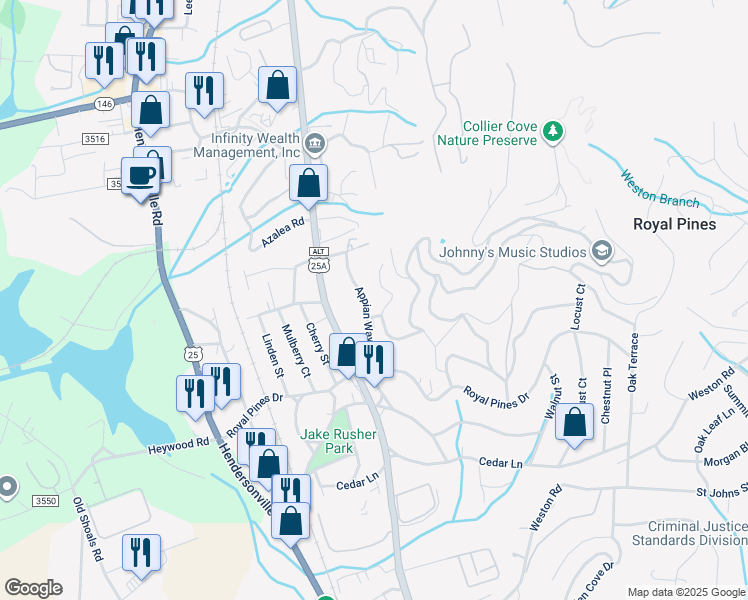 map of restaurants, bars, coffee shops, grocery stores, and more near 47 Appian Way in Arden