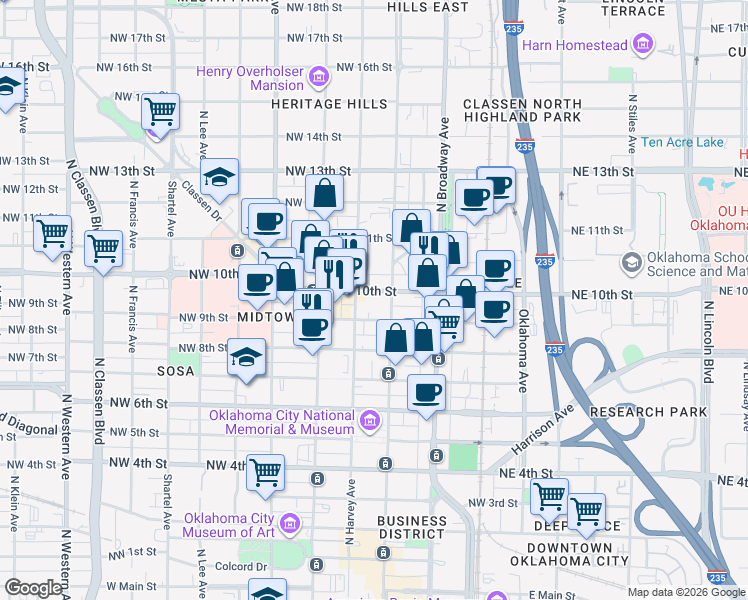 map of restaurants, bars, coffee shops, grocery stores, and more near in Oklahoma City