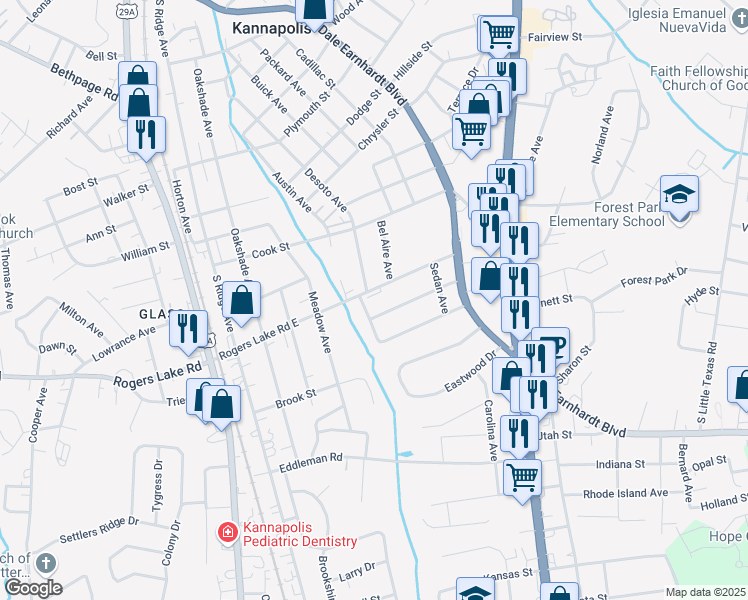 map of restaurants, bars, coffee shops, grocery stores, and more near 508 Rogers Lake Road East in Kannapolis