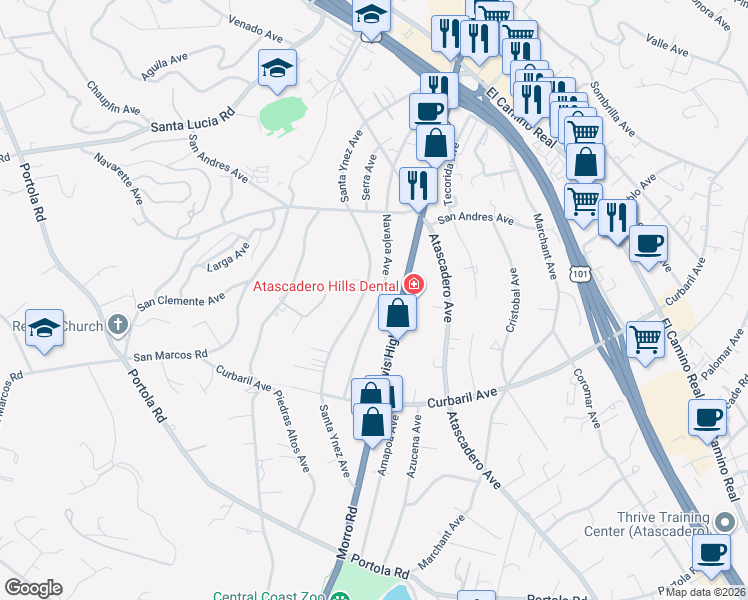 map of restaurants, bars, coffee shops, grocery stores, and more near 7450 Navajoa Avenue in Atascadero