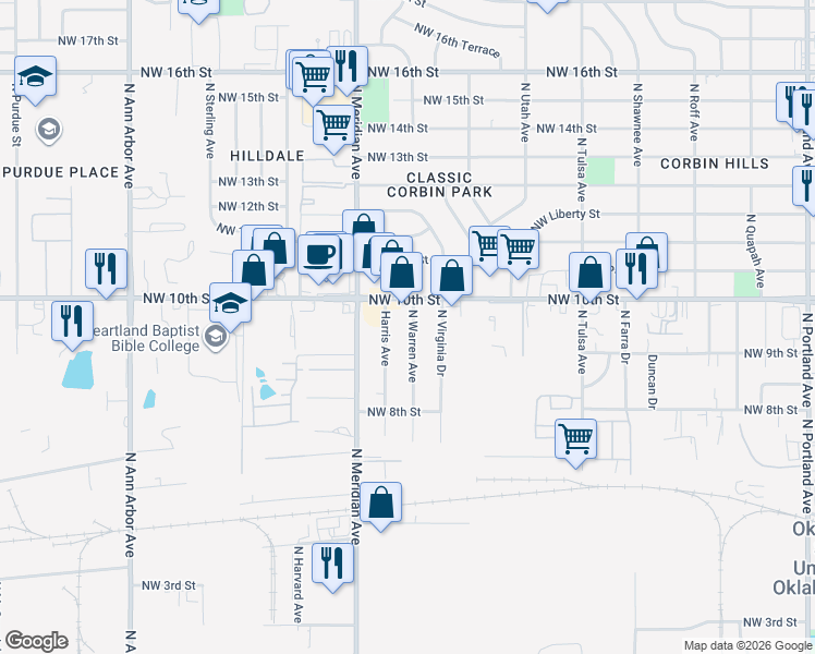 map of restaurants, bars, coffee shops, grocery stores, and more near 1015 North Warren Avenue in Oklahoma City