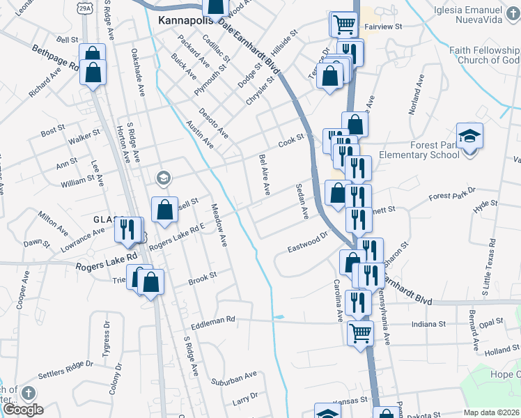 map of restaurants, bars, coffee shops, grocery stores, and more near 508 Rogers Lake Road East in Kannapolis