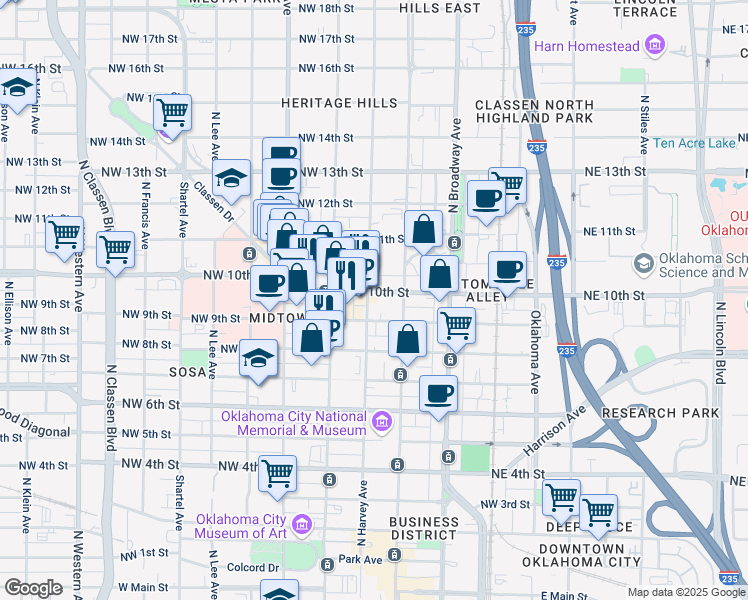 map of restaurants, bars, coffee shops, grocery stores, and more near 308 Northwest 10th Street in Oklahoma City