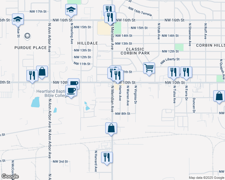 map of restaurants, bars, coffee shops, grocery stores, and more near 1012 North Meridian Avenue in Oklahoma City