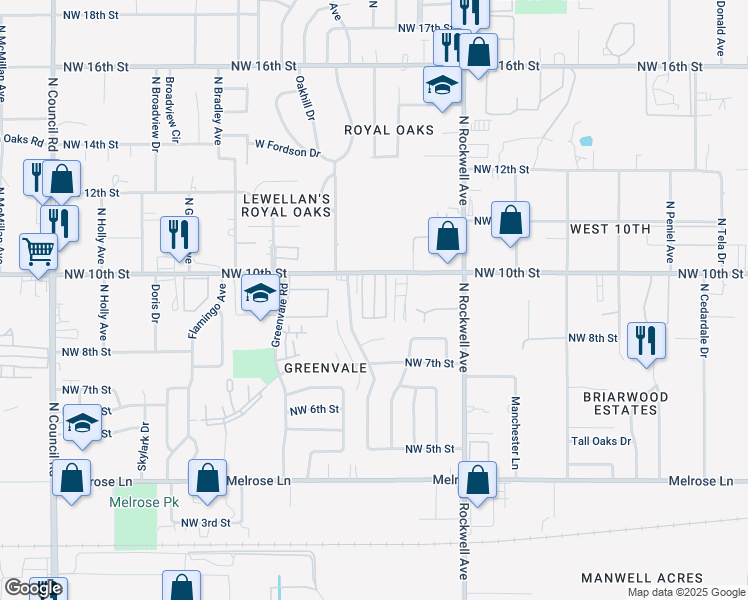 map of restaurants, bars, coffee shops, grocery stores, and more near 1016 Whispering Oak Road in Oklahoma City