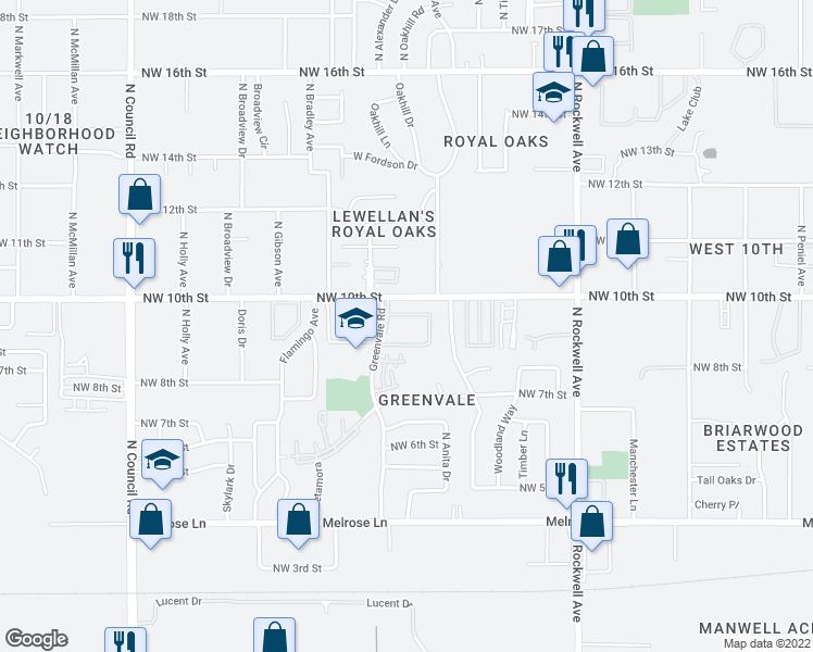 map of restaurants, bars, coffee shops, grocery stores, and more near 7420 Northwest 10th Street in Oklahoma City
