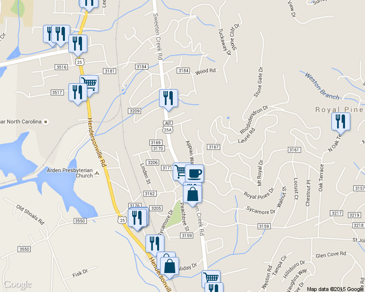 map of restaurants, bars, coffee shops, grocery stores, and more near 38 Appian Way in Arden