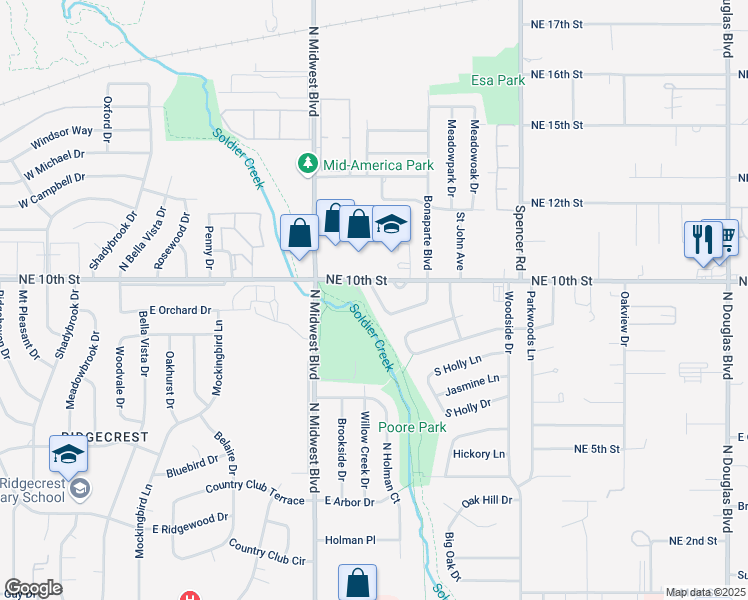 map of restaurants, bars, coffee shops, grocery stores, and more near 4013 Crabtree Cove in Midwest City