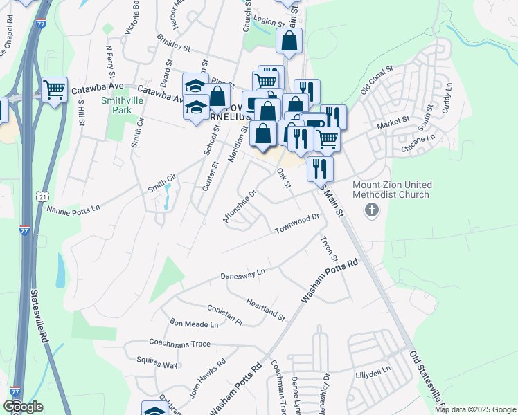 map of restaurants, bars, coffee shops, grocery stores, and more near 19612 Feriba Place in Cornelius