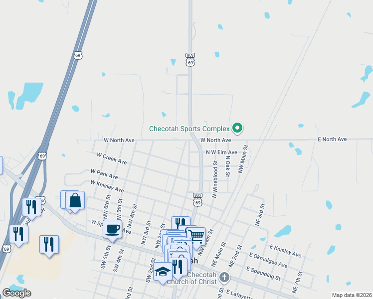 map of restaurants, bars, coffee shops, grocery stores, and more near 714 Northwest 2nd Street in Checotah