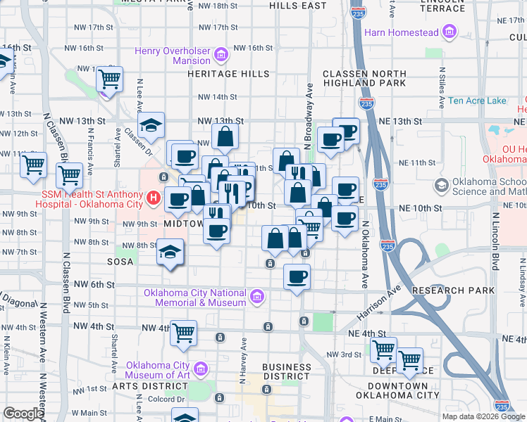 map of restaurants, bars, coffee shops, grocery stores, and more near in Oklahoma City