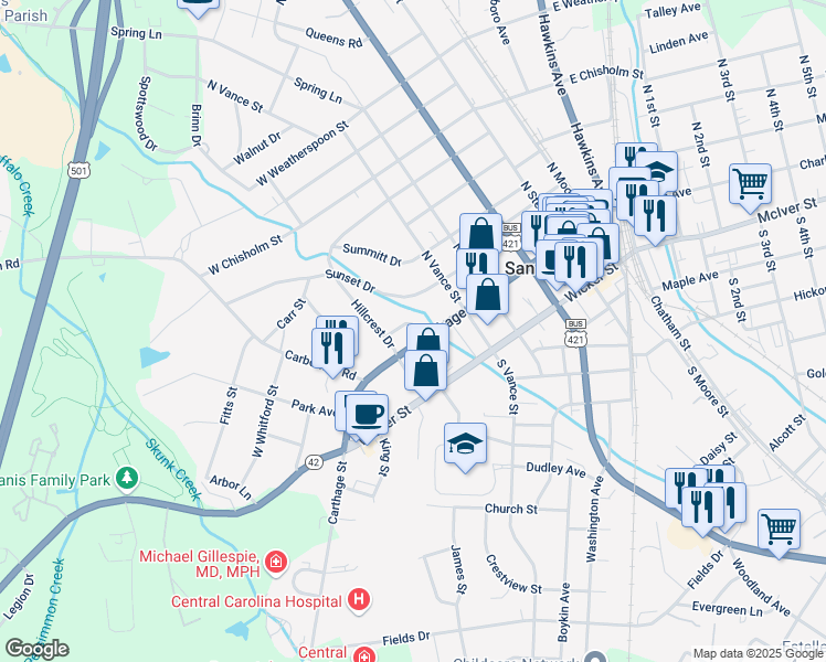 map of restaurants, bars, coffee shops, grocery stores, and more near 530 Hospital Drive in Sanford
