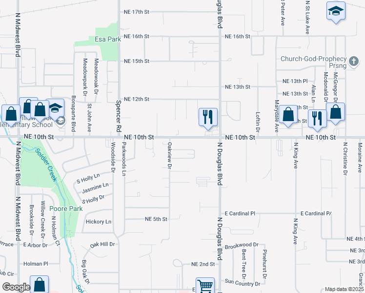 map of restaurants, bars, coffee shops, grocery stores, and more near 8831 Misty Hollow Drive in Midwest City