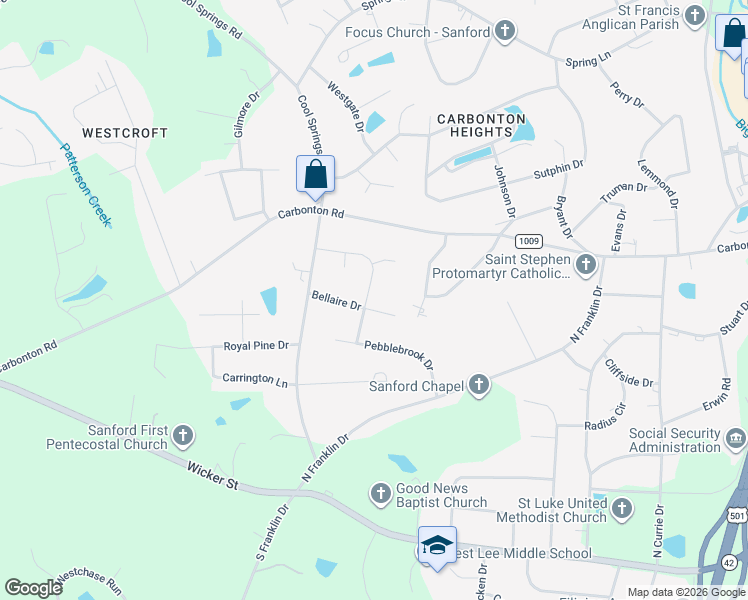 map of restaurants, bars, coffee shops, grocery stores, and more near 2628 Bellaire Drive in Sanford