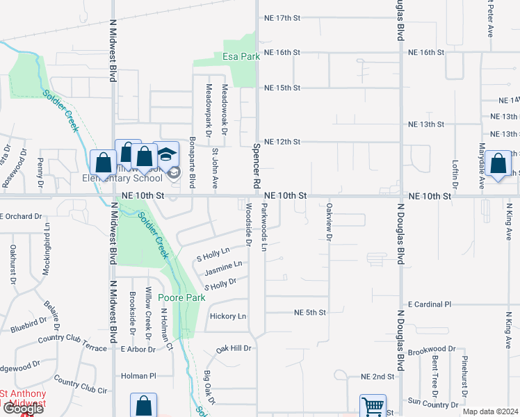 map of restaurants, bars, coffee shops, grocery stores, and more near 4025 Parkwoods Lane in Midwest City