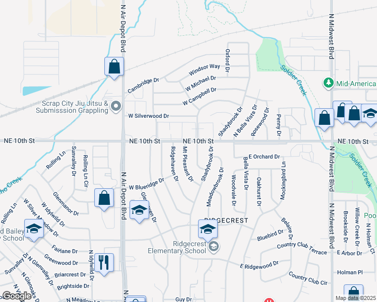 map of restaurants, bars, coffee shops, grocery stores, and more near 3704 Mount Pleasant Drive in Midwest City