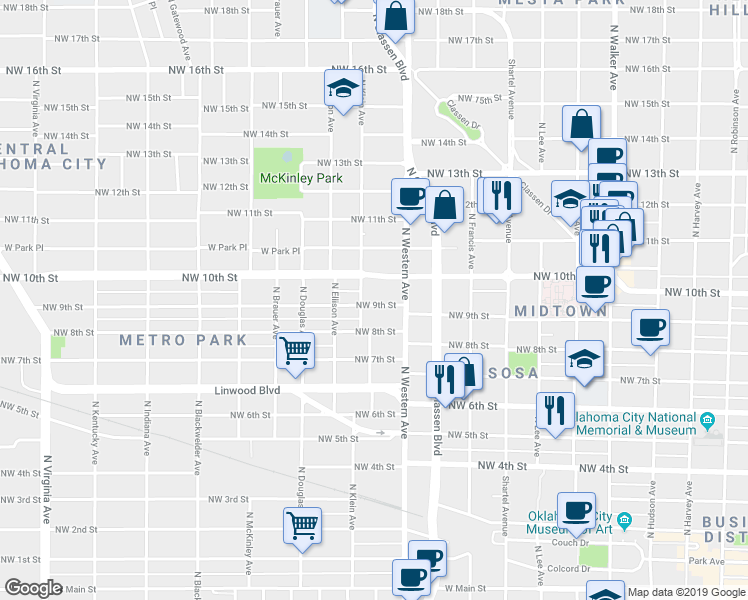 map of restaurants, bars, coffee shops, grocery stores, and more near 1129 Northwest 9th Street in Oklahoma City