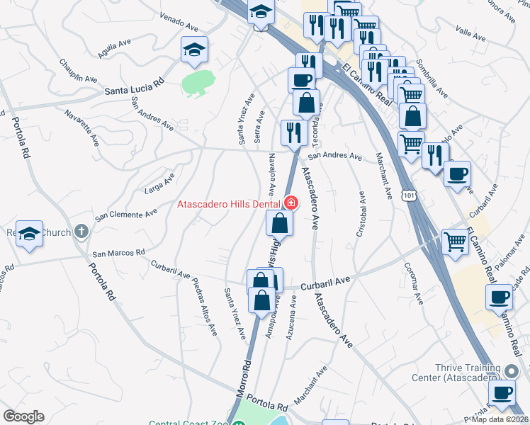 map of restaurants, bars, coffee shops, grocery stores, and more near 7450 Navajoa Avenue in Atascadero