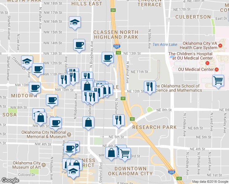 map of restaurants, bars, coffee shops, grocery stores, and more near 36 Northwest 10th Street in Oklahoma City