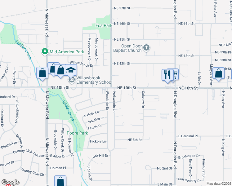 map of restaurants, bars, coffee shops, grocery stores, and more near 4027 Locust Drive in Oklahoma City