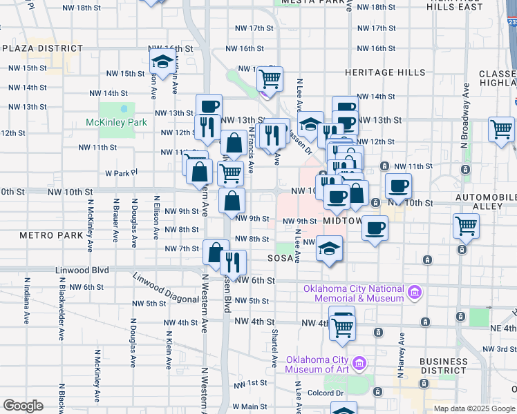 map of restaurants, bars, coffee shops, grocery stores, and more near 1014 North Francis Avenue in Oklahoma City