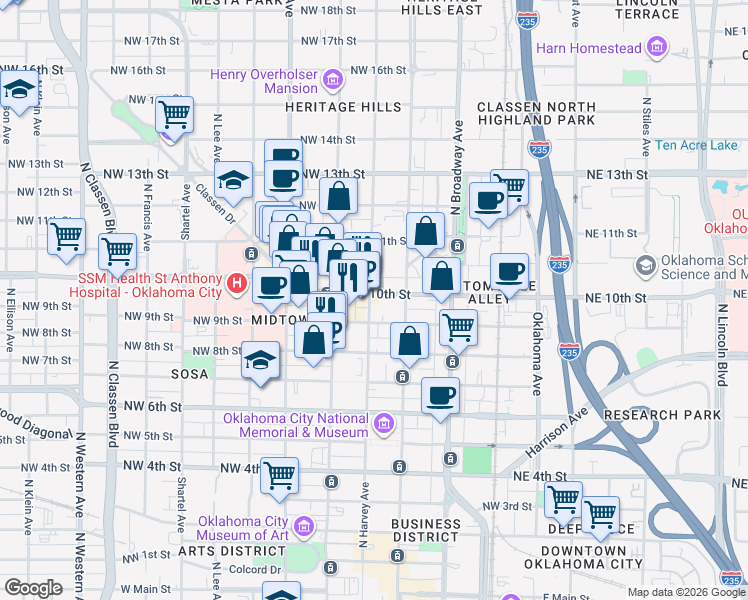 map of restaurants, bars, coffee shops, grocery stores, and more near 308 Northwest 10th Street in Oklahoma City